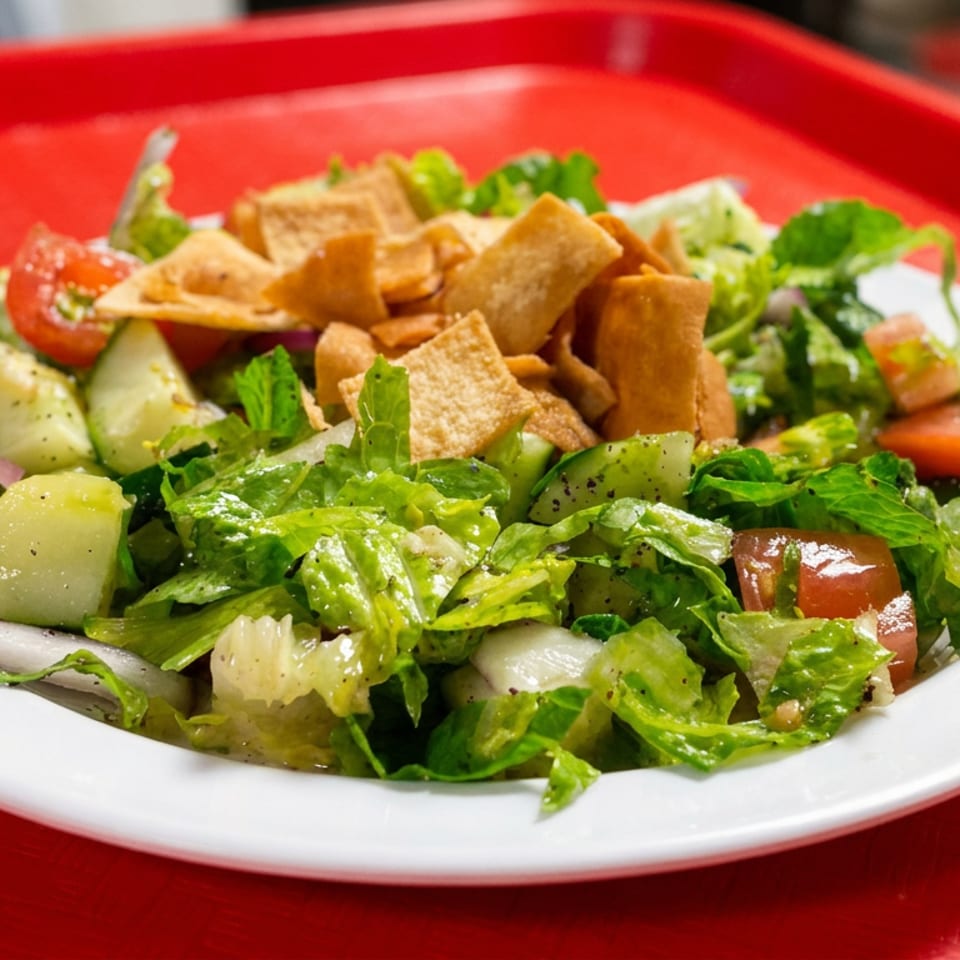 Fresh green salad with cucumbers, tomatoes, onions, and crispy pita chips served on a white plate atop a red tray.