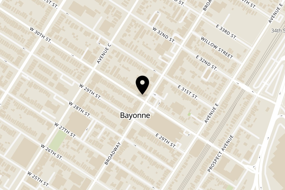 Map showing the location of Tarboosh on 645 Broadway in Bayonne